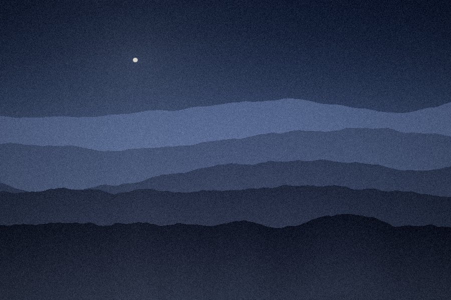 Blue mountain ridges beneath a small rising moon