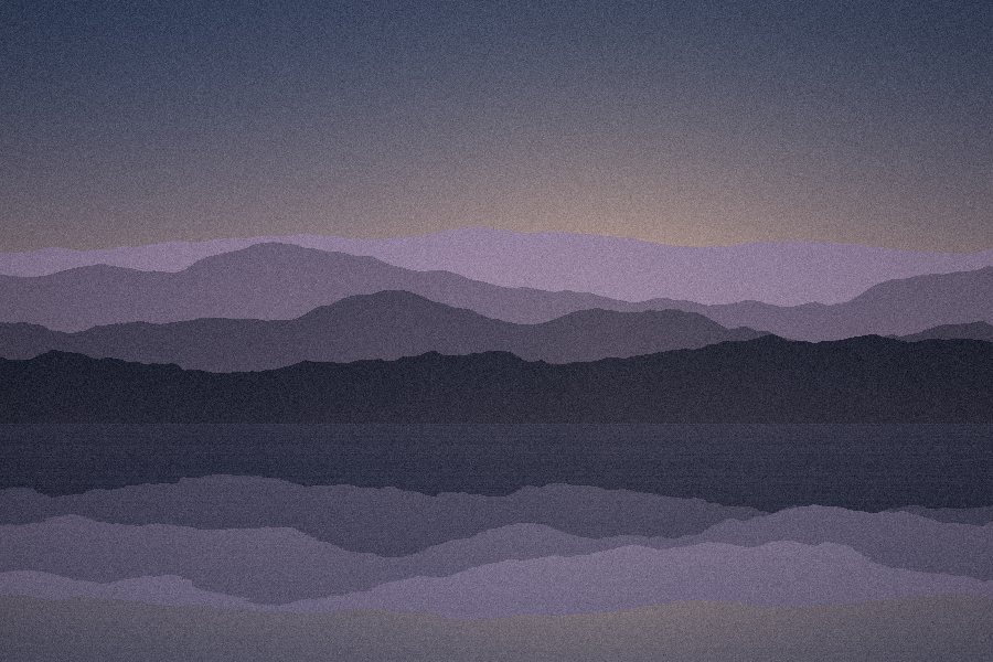 Layered violet mountains reflected in a still fjord before sunrise