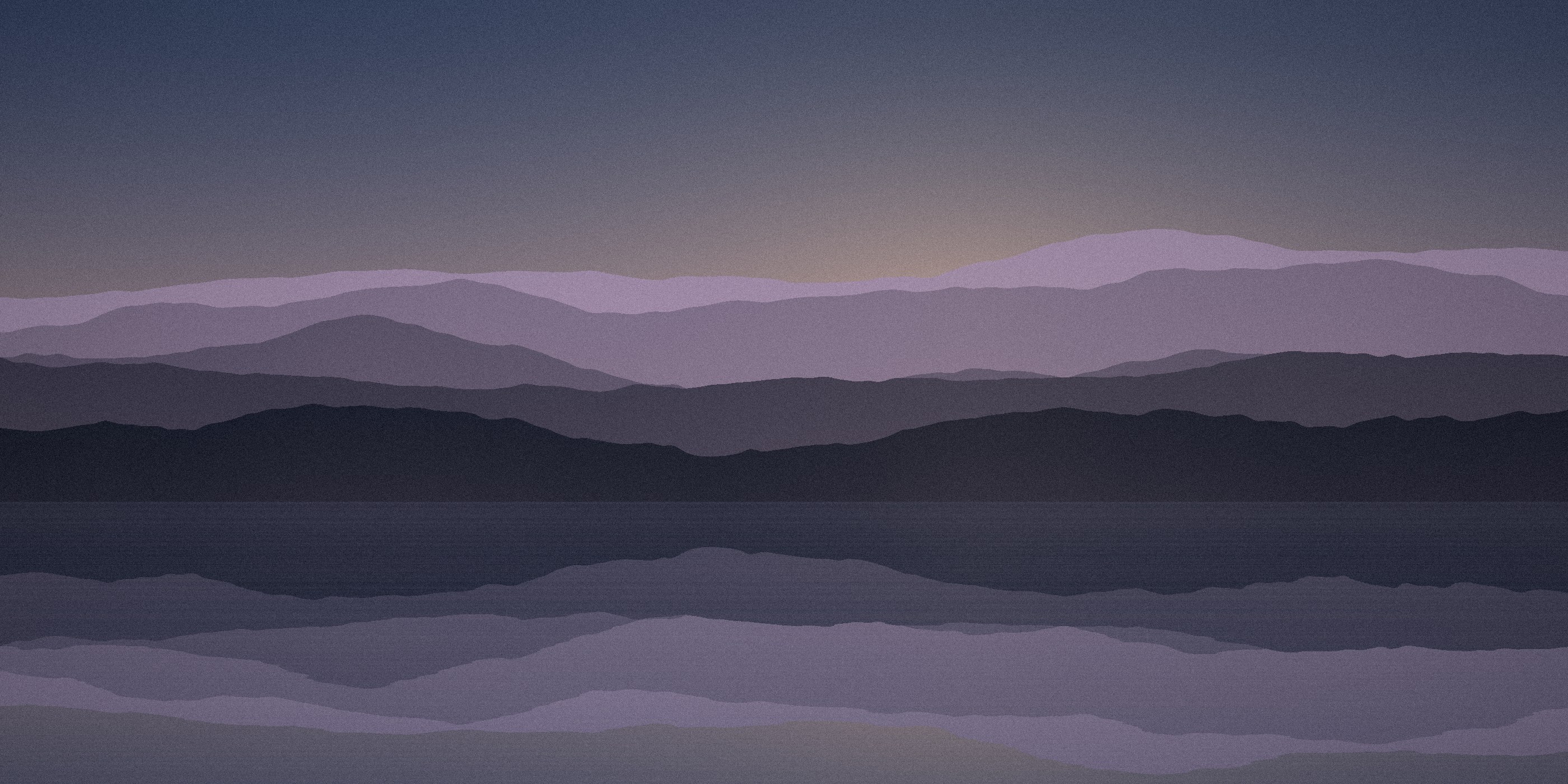 Violet mountain ranges reflected in a calm lake at dusk